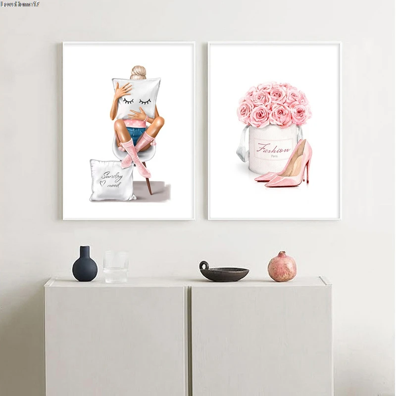 Lienzo de decoraci&oacute;n de estilo n&oacute;rdico para pared, pintura al &oacute;leo sin marco, P&oacute;ster Art&iacute;stico para dormitorio, minimalista y moderno, color rosa encantador-3