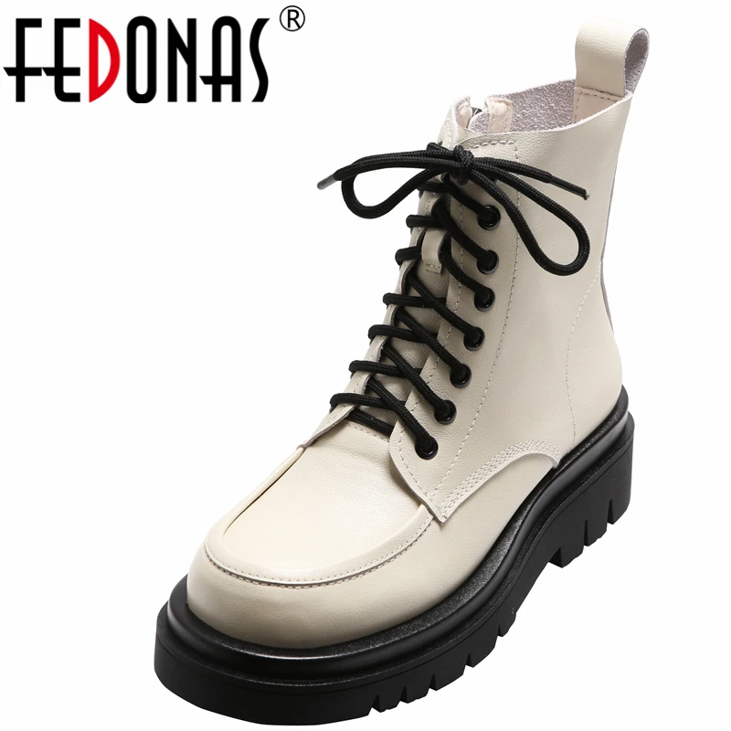 

Женские ботильоны на платформе FEDONAS, повседневные ботильоны из натуральной кожи с перекрестной шнуровкой на толстом каблуке, сезон осень-зи...