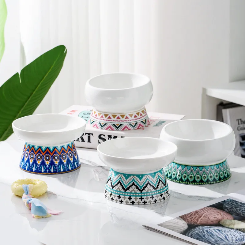 

Bohemian Pet Cat Ceramics Bowl Protective Cervical Health Bowl High Base Water Food Feeder for Puppy Cat Pet Feeding