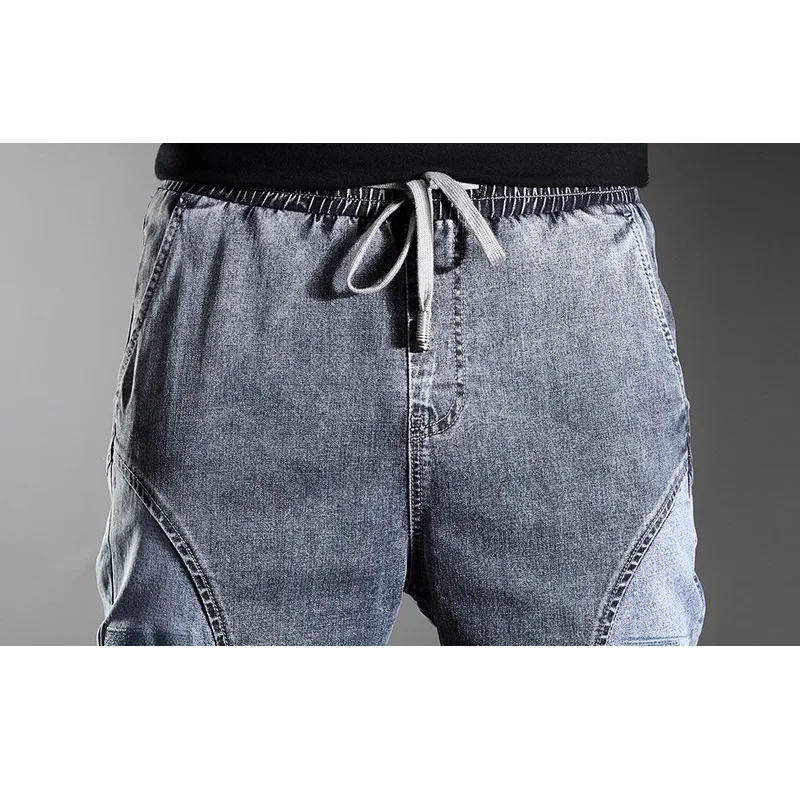 Autumn Men Fashion Embroidery Gray Jeans Slim Fit Pencil Pants Streetwear Drawstring Denim Trousers