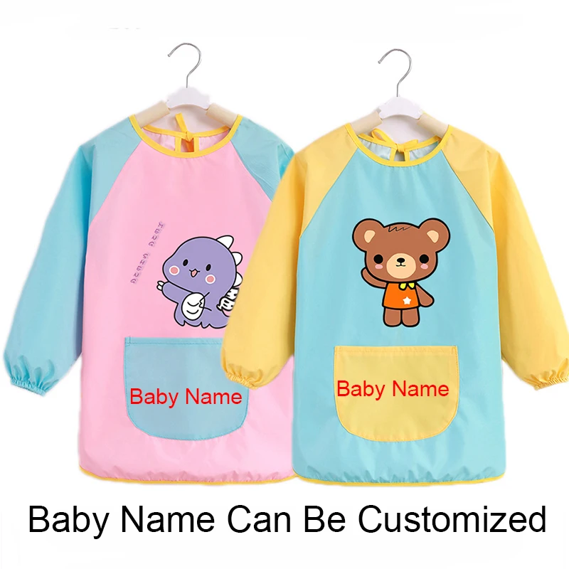 

Personalized Custom Name Kids Bib Painting Drawing Craft Art Coat Waterproof Long Sleeve Apron Feeding Smock Bib For Children