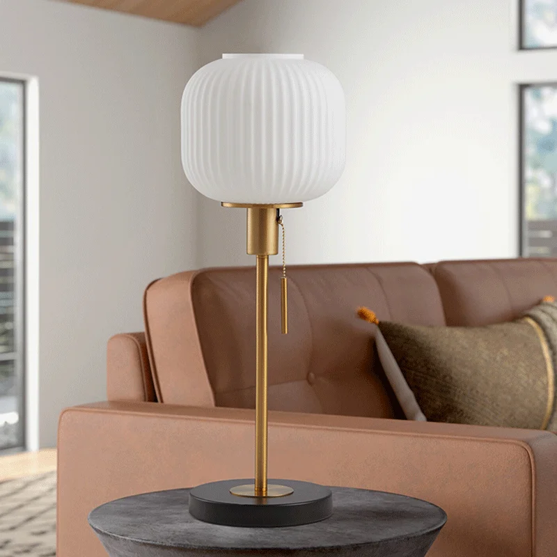 

Indoor Lighting Ribbed Glass Table Lamp Antique Brass Desk Reading Lamp for Bedroom Bedside Living Room Study Pull Line Switch
