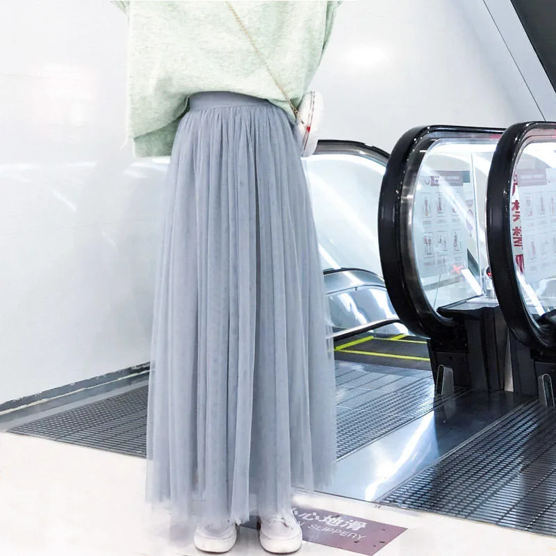 

98cm Ginzagirl Long Maxi Tutu Tulle Skirt Women Fashion Newst Spring Summer Korean High Waist Pleated School Mesh Skirt Female