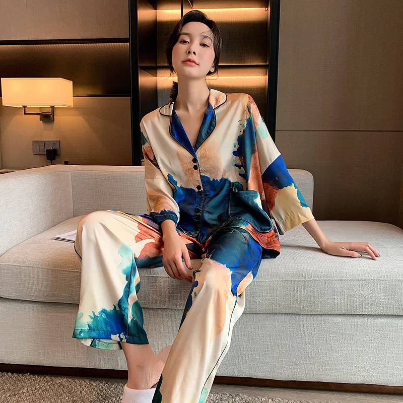

Harajpee Korean Style Lovers Pajamas Summer New Ice Silk Couple Pajama Women's Thin Personalized Tie Dyed Home Suit for Men