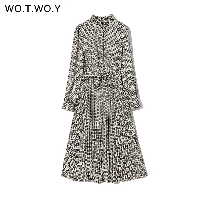 wotwoy spring autumn ruffles printed dress women high waisted belted long sleeve dresses female botton up loose mid calf dress free global shipping