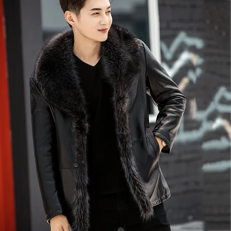 Mens Winter Fur Coats Long Sheepskin Leather Jackets Raccoon Collar Windbreaker Outerwear Outdoor Snow Overcoat Plus Size | Мужская