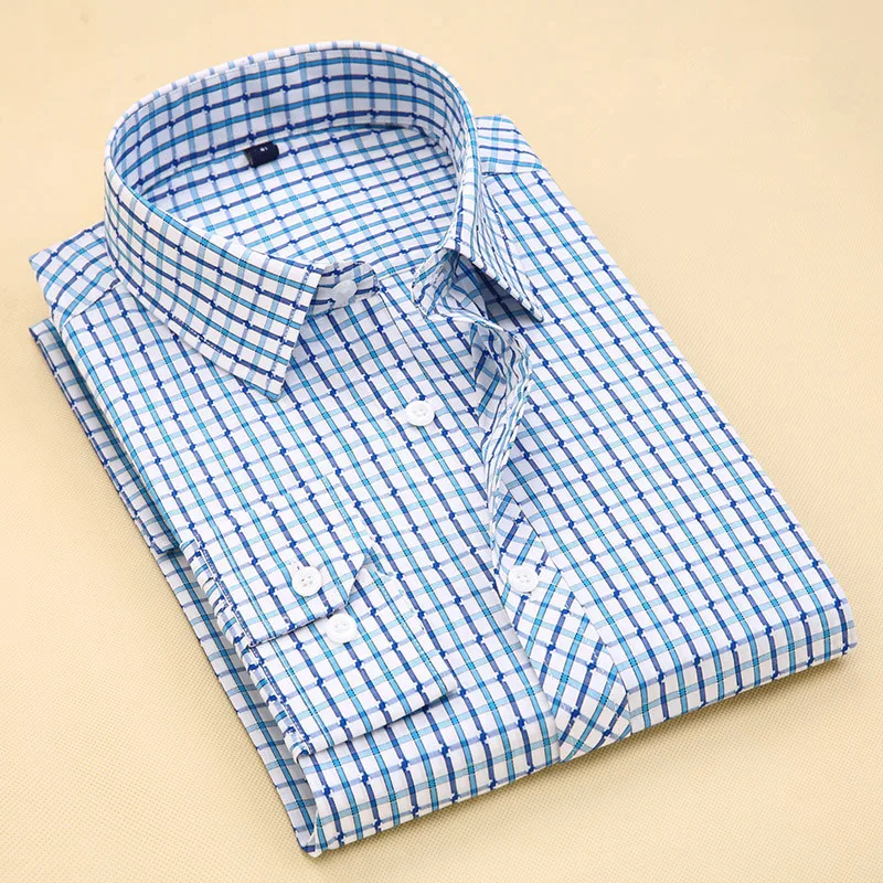 2019 Spring Autumn Long Sleeve Small Plaid Pattern Casua Mens Dress Shirts Slim Fit Cotton Business Fashion Shirt 6XL AB128 | Мужская