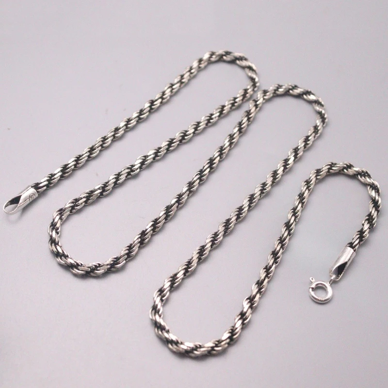 New Pure 925 Sterling Silver Chain Women Men 2mm Rope Link Necklace 50cm 20inch 17-18g