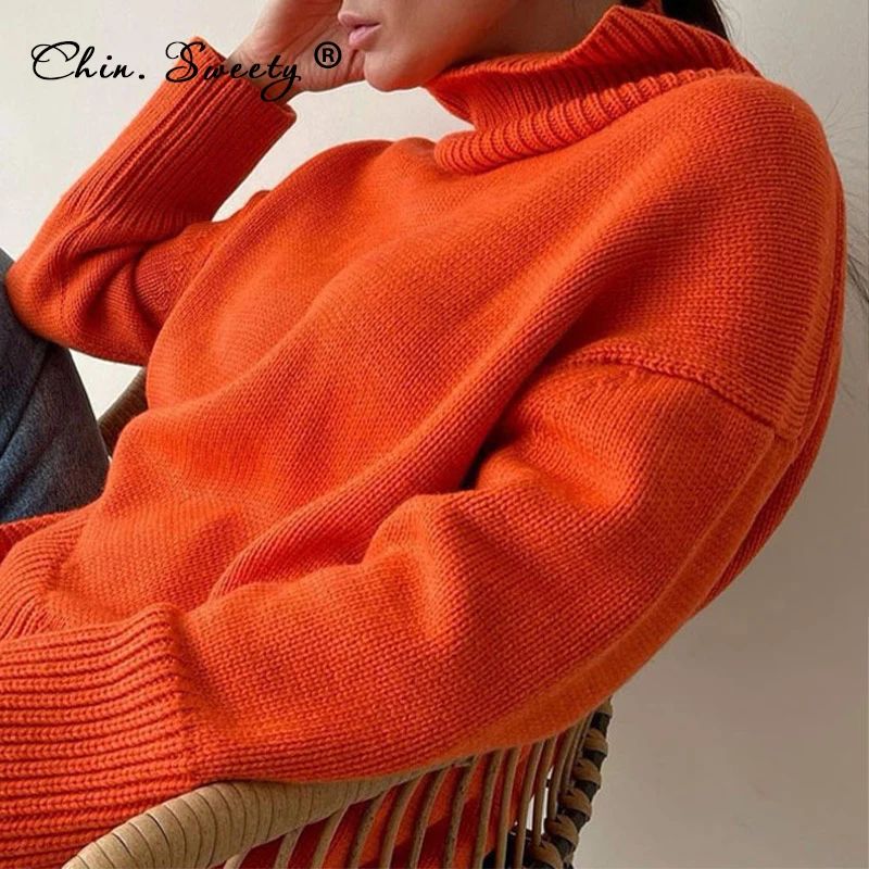 

Женский вязаный Однотонный свитер-водолазка, пуловеры, осень 2021, новинка, свободные оранжевые свитера с длинным рукавом, женские модные офи...