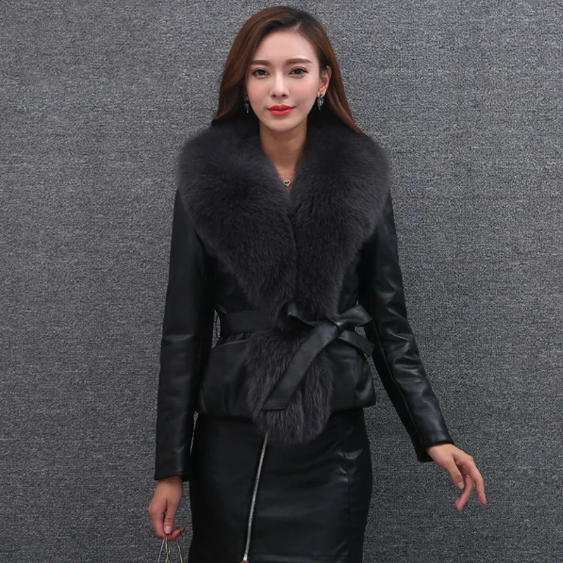 

Short Genuine Leather Jacket Women Big Fox Fur Collar Sheepskin Coat Slim Women's Down Jackets Chaquetas Mujer 2020 KJ3573