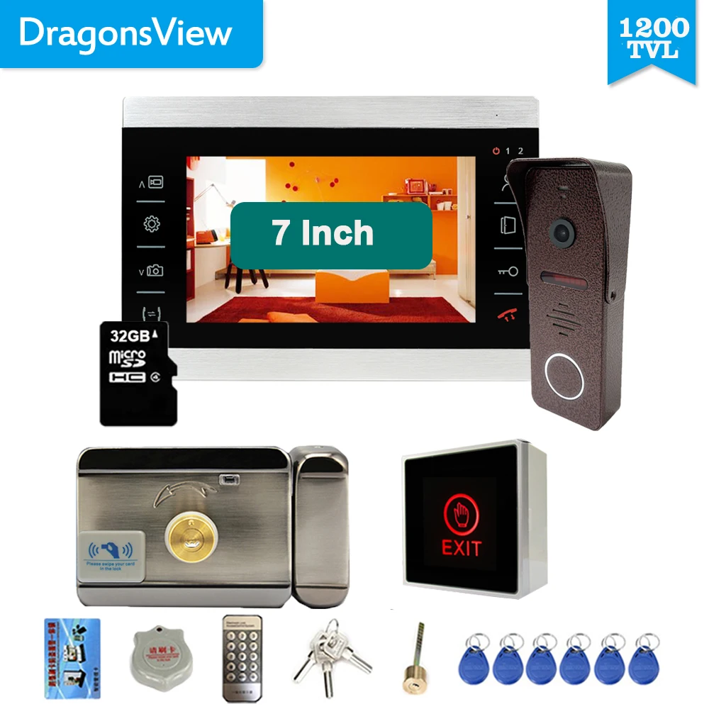 

Dragonsview 7 дюймов видео-телефон двери дверной звонок Домофон Системы с электронным замком и 3A Мощность домашней безопасности 1200TVL Алюминий