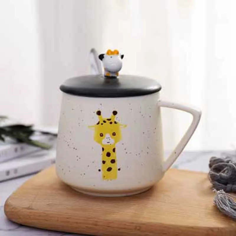 Style B Giraffe Mug Новинка 480 мл мультфильм жираф/зебра керамика кружка с ложкой и крышкой кофе молоко чай чашки для завтрака Новинка подарки для друзей - Цвет: Style B Giraffe Mug