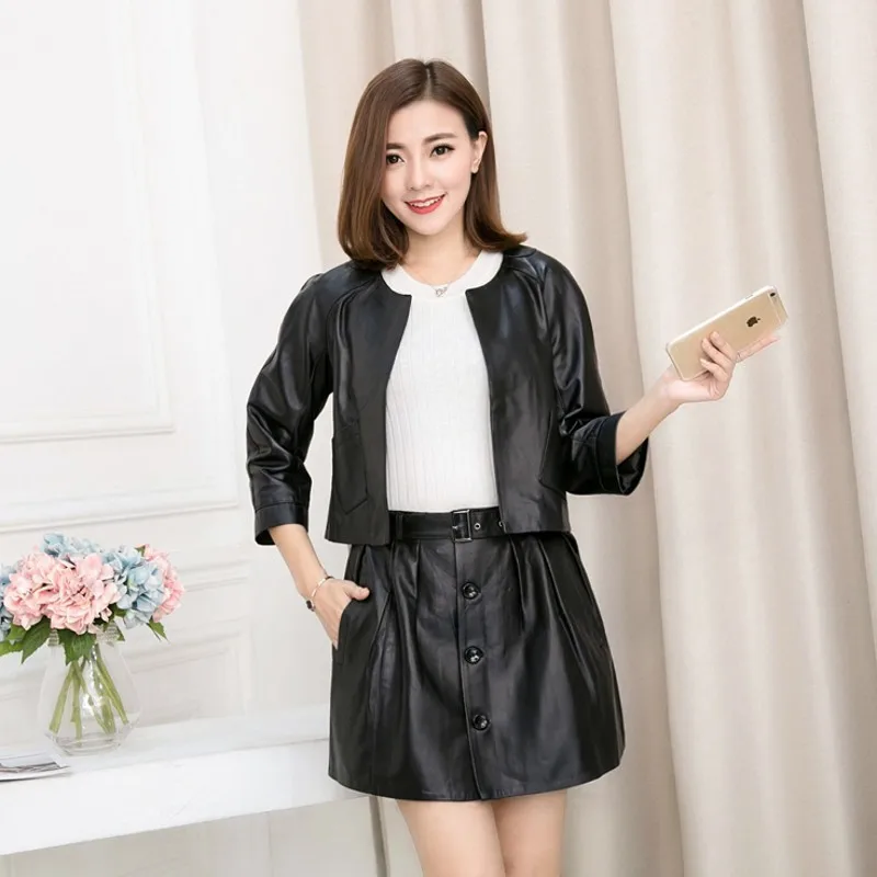 

Women Fashion Genuine Leather Sheepskin Above Knee Skirts Streetwear Lace-Up Natural Waist BallGown Single Breasted Mini Skirts