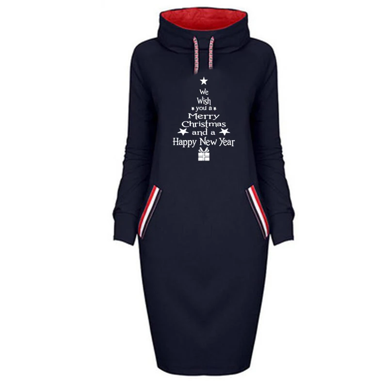 

We Wish You A Merry Christmas Letters Print Long High Collar Dress Hoodies For Women Sweatshirts Femmes Hoodies Tops