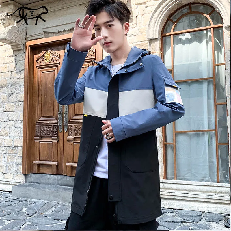 

Brand Men Jackets New Autumn Casual Long Jacket Trench Coats Men Fashion Hooded Patchwork Windbreaker Pocket Trench Jackets Male