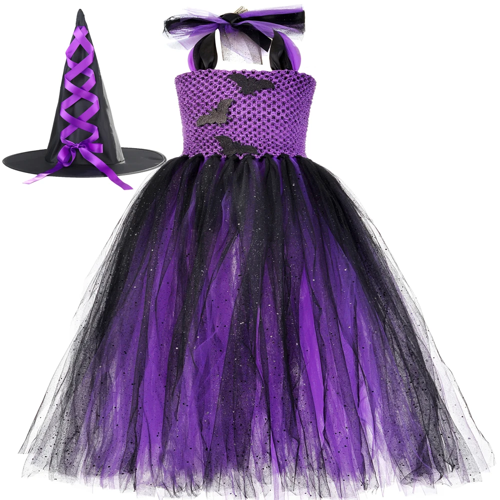

Girls Halloween Tutu Dress Purple & Black With Hat Sparkle Tulle Bat Witch Cosplay Costume For Kids Fancy Carnival Party Dresses