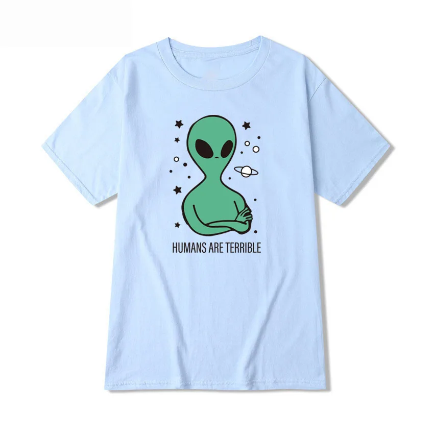 

Green Alien HUMANS ARE TERRIBLE Graphic T Shirts Mens Clothes Plus Size Tops Couple Short Sleeve Summer Punk Teeshirt Homme