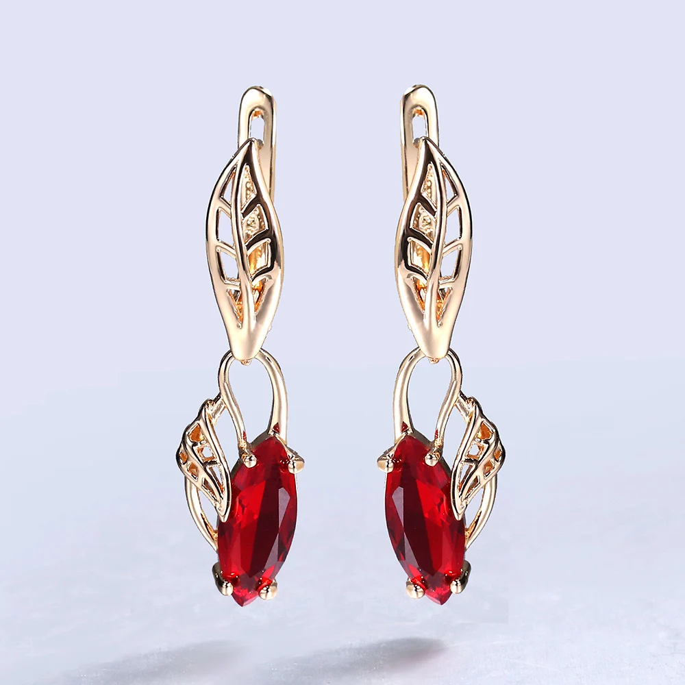 

Dangle Drop Earrings For Women Elegant 585 Rose Gold Color Red Stone CZ Cubic Zirconia Girls Fashion Jewelry Gifts LGE352