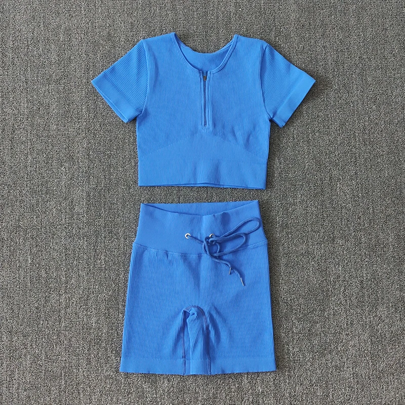 

Seamless Yoga Set Sport Suit Women Workout Clothes Gym Zipper Short Sleeve Crop Top Drawstring Sports Shorts Fitness Sportswear