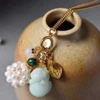 natural jadeite pig pendant long necklace women girls sweater chain pearl white jade sterling silver plated 18kgold adjustable