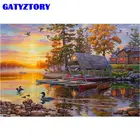 Картина маслом по номерам GATYZTORY 60x75 см, Осенний речной пейзаж, картина по номерам сделай сам, декор для домашнего творчества в рамке