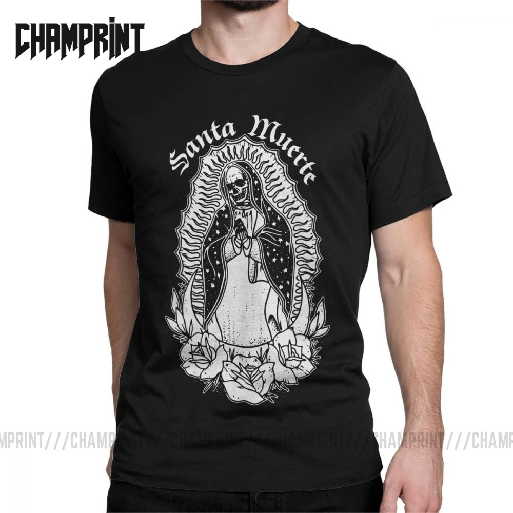

Men's T-Shirts Santa MuerteT Shirt Saint Death Cotton Tee Short Sleeve Goth Mexican Death Muertos Mother Skull Tops Plus Size