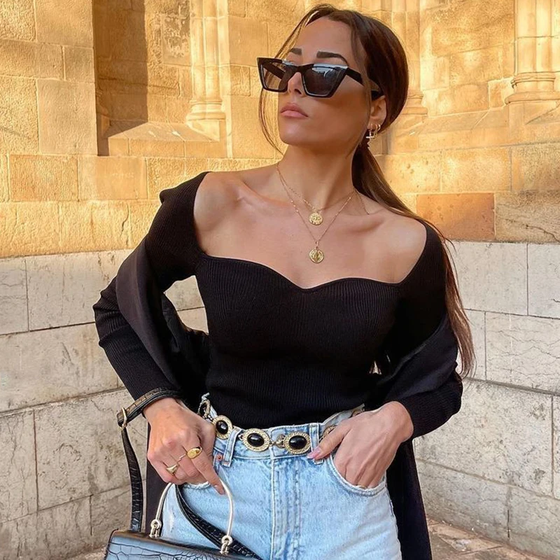 

Vintage Women Stylish Knitted Shirt 2021 Spring-Autumn Fashion Ladies Bomb Knitwear Casual Female Chic Tops Girls Cute