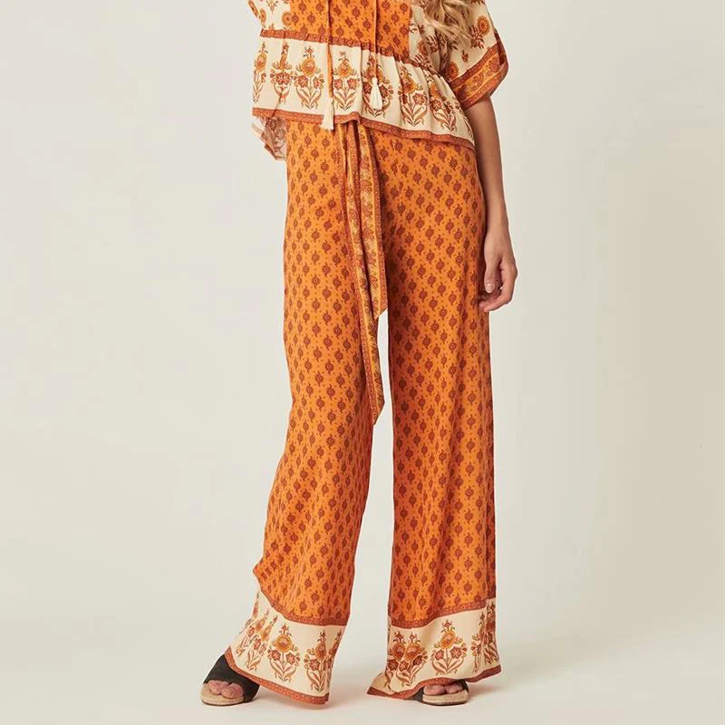 Женские брюки с широкими штанинами TEELYNN оранжевые широкие цветочным принтом бохо