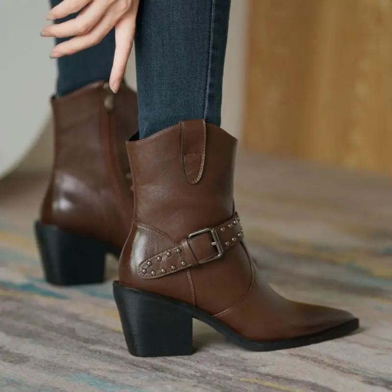 

RIZABINA New Women High Heel Boots Rivets Buckle Women Short Boots Winter Fashion Cool Shoes Ladies Footwear Size 34-43