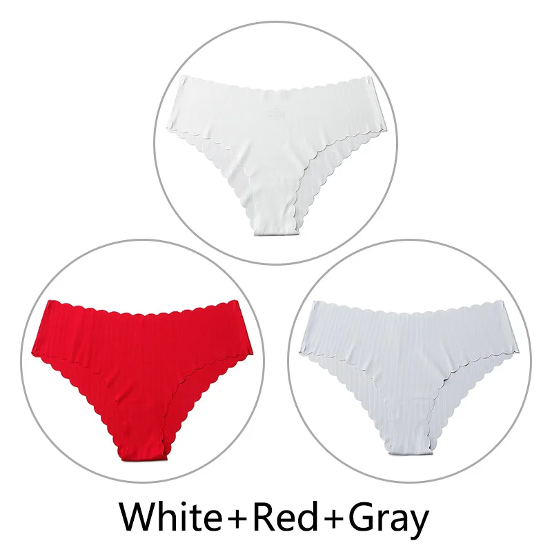 White Red Gray 3 шт./партия, сексуальные бесшовные трусики с оборками для женщин, полосатые трусы с низкой посадкой, цельное нижнее белье, женское нижнее белье, американский размер xs-l - Цвет: White Red Gray
