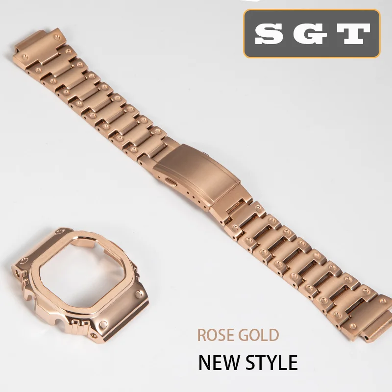 watch set Rose Gold DW5600 GW-5000 5035 GW-M5610 watchband and case stainless steel high quality metal strap steel belt tools - Band Color: watch set