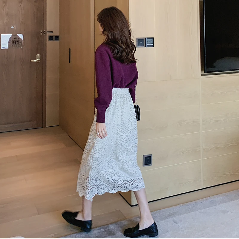 Миди кружевные юбки с высокой талией весна-осень корейский стиль элегантные