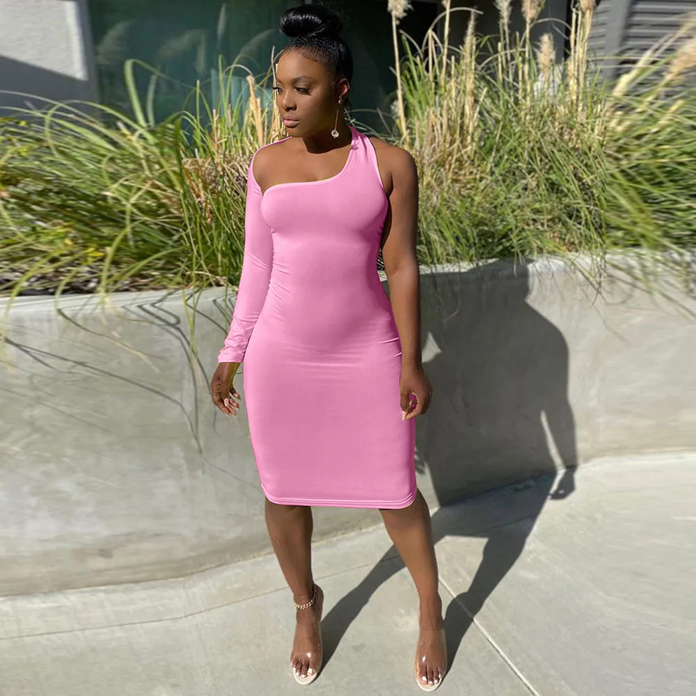 

Neon Color Sexy Irregular Summer Dress Women Single Sleeve Knee Length Tight Dresses Female Bodycon Summer Clubwear Vestidos