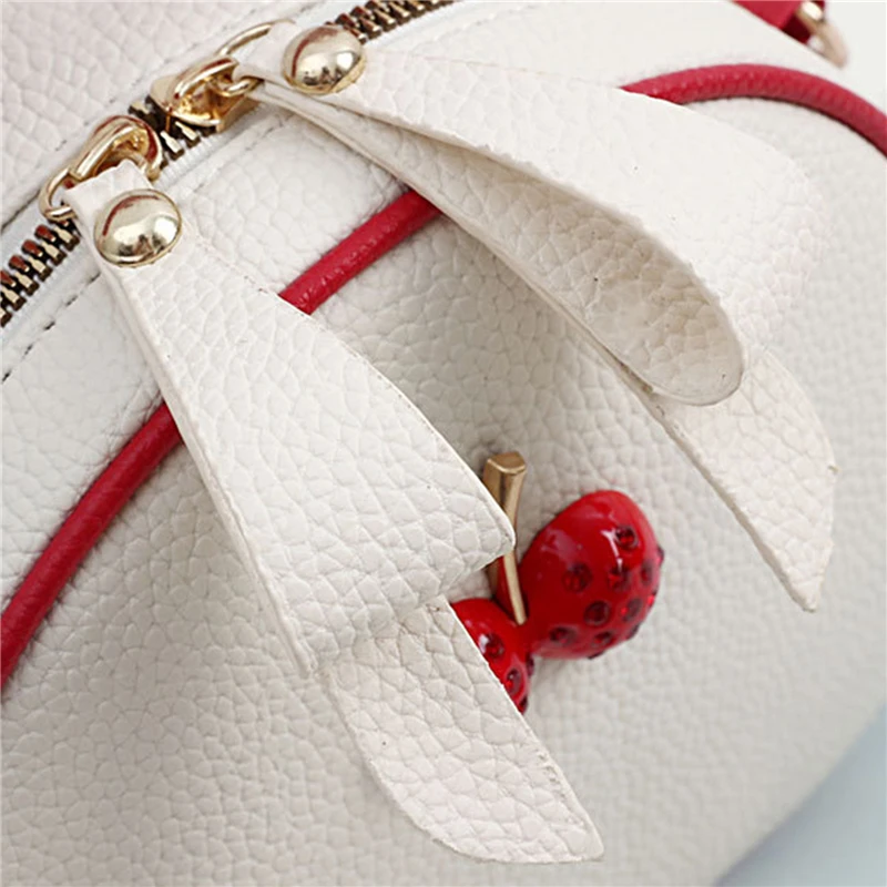 

Girls Mini PU Leather Bags Ladies Cute Small Round Shoulder Bag Portable Coin Purse Student Cherry Simple Casual Storage Bag