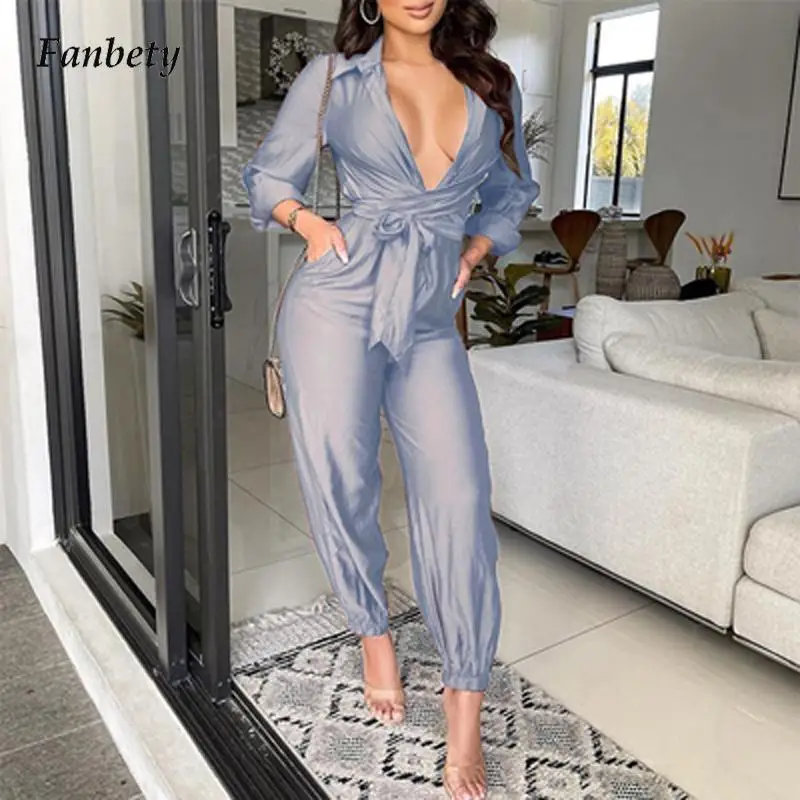 

Sexy Deep V Neck Office Lady Jumpsuit New Elegant Bandage Belted Shirt Romper Fashion Long Sleeve Pocket Women Playsuit Overalls
