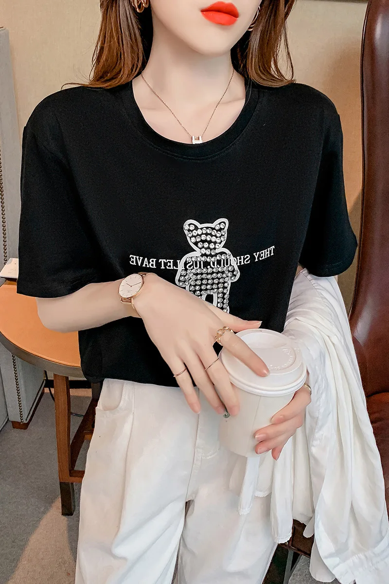 

2565#2021 newWomen's Clothing Tops & Tees diamond bear round neck all-match simple short-sleeved T-shirt women