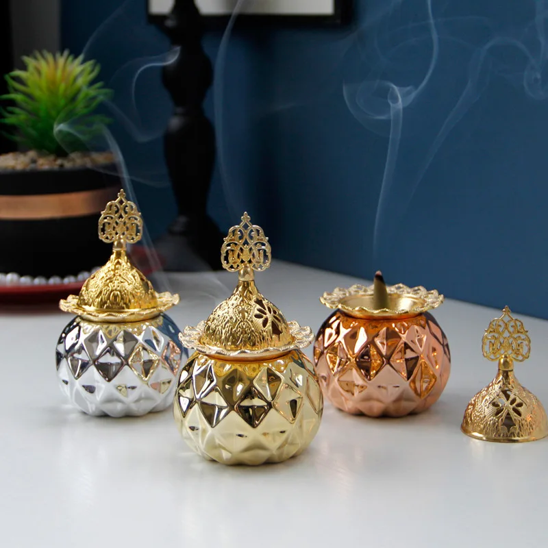 

Creative Middle Eastern Arab gold ceramic wrought iron metal incense burner luxury tabletop decoration pieces