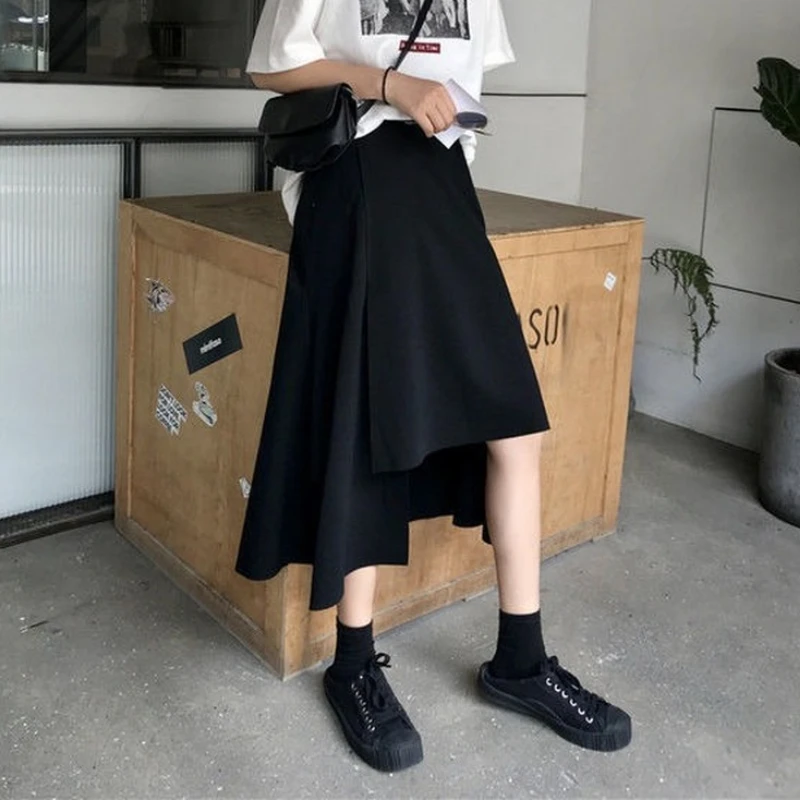 

HOUZHOU Long Skirts Women Black Irregular Patchwork High Waist A-line Midi Skirt Korean Fahison Causal Streetwear Preppy Style