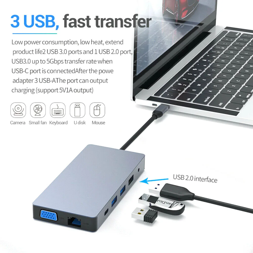 Tebe Док-станция 12 в 1 Type-c USB-C - адаптер концентратора Dual HD HDMI / VGA RJ45 SD TF с 2-портовым
