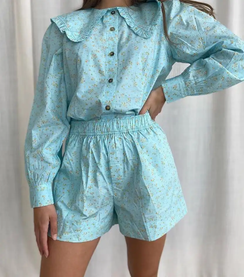 

Blue Single Breasted Shirt Women's Floral Printed Peter pan Collar Fresh Long Sleeve Blouse Spring Summer 2021