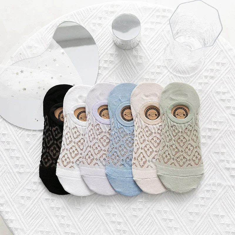 

2021 New Women's No-Show Socks Cotton Thin Shallow Mouth Hollow Boat Socks Mesh Silicone Non-Slip Invisible Socks