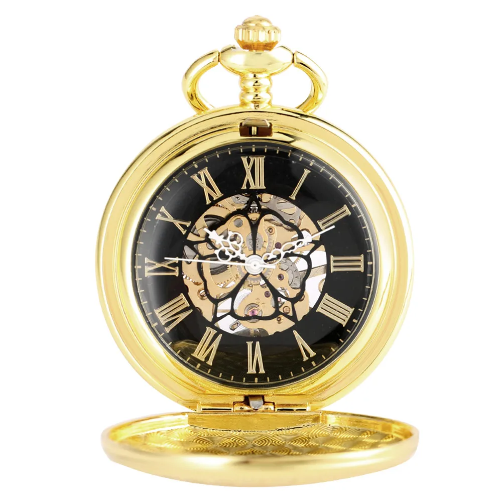 Gold Roman Numerals Black Dial Mechanical Hand Winding Pocket Watch Retro Shield Pattern Manual Mechanism Male Pocket Clock