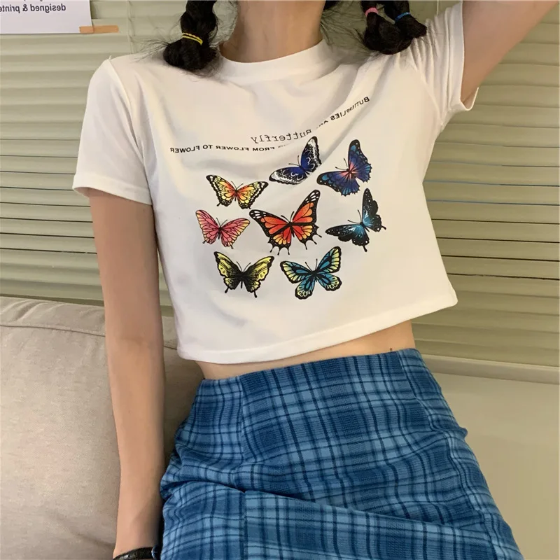 

Kawaii Cyber Y2k Top Femme Colorful Butterfly Graphic Hip Hop Crop Tops Tanks Girls Funny White Tee Summer Clothes for Women