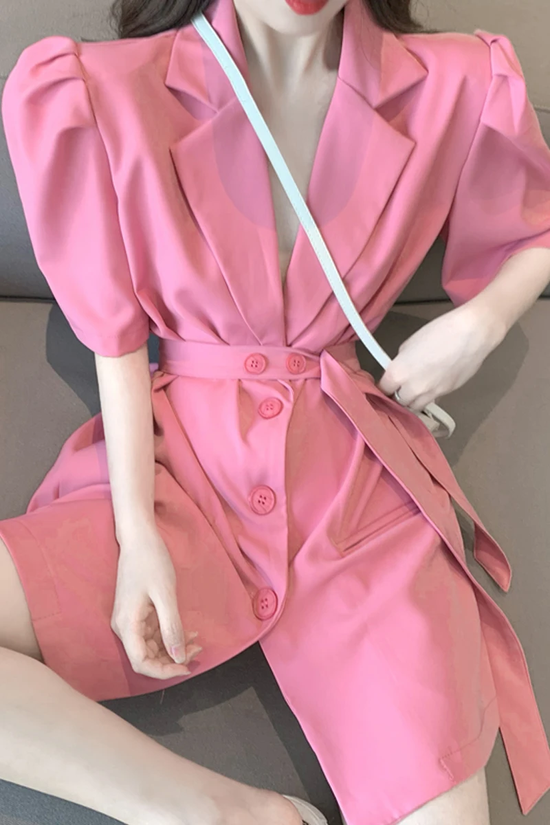 

Women 2021 Fashion Single-breasted Belt White Blazer Coat Vintage Puff Sleeve Pockets Female Outerwear Chic Blazer Dress Femme