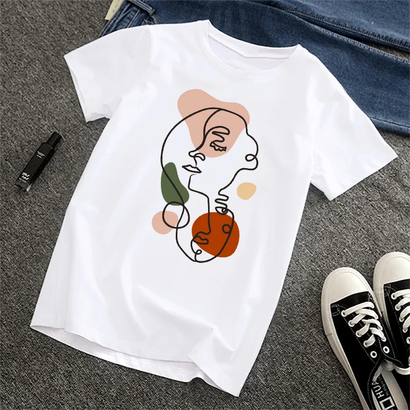 

Летние футболки 2021, топы с круглым вырезом и абстрактным художественным принтом, свободная футболка из полиэстера с коротким рукавом, женск...