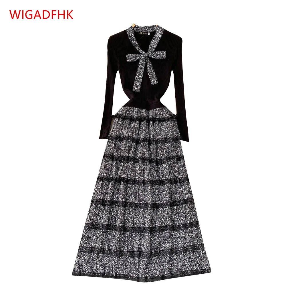 

Autumn And Winter Elegant Knitted Printed Dress Women's Knitted Stitching Chiffon Pleated Cake Dress Retro Mid-length Vestidos