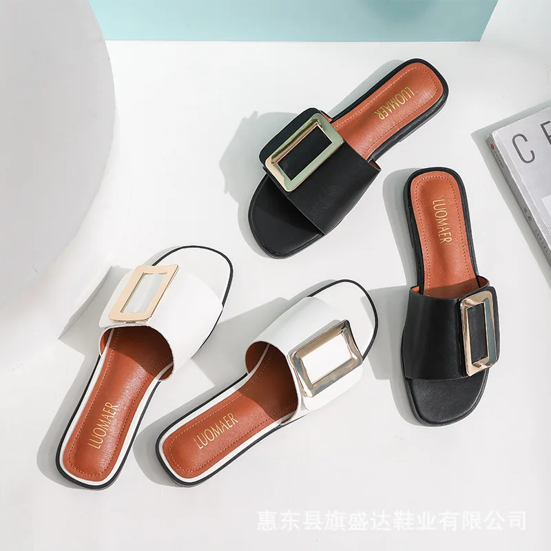 С металлической пряжкой Женские тапочки Сезон лето Обувь без шнуровки Шлепанцы