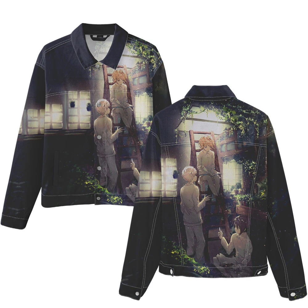 

Spring and Autumn Unisex Fashion Casual Jacket Denim Shirt Long Sleeve Sweatshirt Japanese Anime Agreement Neverland 3D Printed