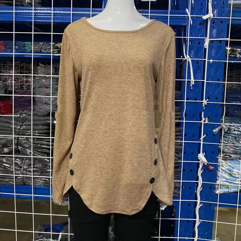 

Autumn fashion casual irregular button hem long sleeve round neck large size T-shirt tops women