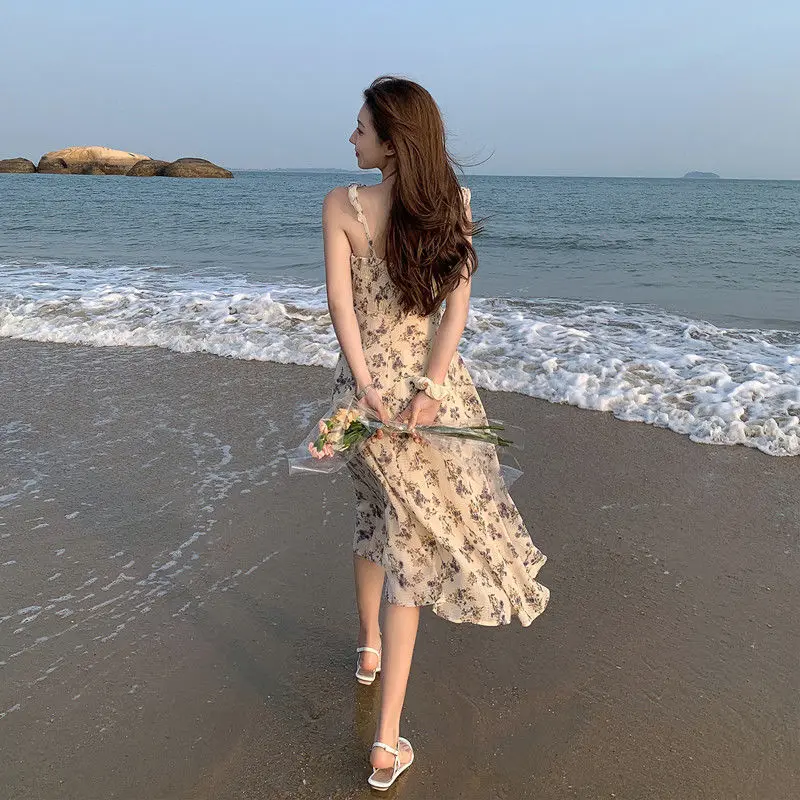 

Elegant Strap Dress Women Party Floral Midi Dress Female Design Beach Vintage One Piece Dress Korean Chiffon Lace-up 2021 Summer